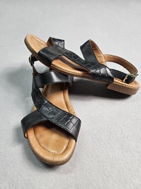 Nano Black Leather Crocodile Embossed Slingback Sandals Size 40 Portugal